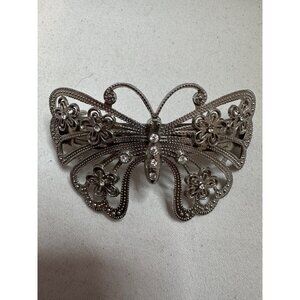 Silver Tone Butterfly Rhinestone Barrette Floral Hair Clip 3.75”